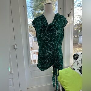 Anthropologie Maeve 100% Silk Green with Cream Polka Dot Cap Sleeve Cowl Top